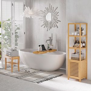 Panca da doccia moderna in bambù a 2 livelli, sgabello in legno per spa, organizer per bagno, camera da letto, giardino, cucina - Product Image 4