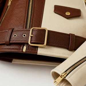 <b>Men's</b> <b>Brown</b> And Cream Color Block <b>Leather</b> Motorcycle <b>Jacket</b> With Zipper Closure And Belt - Product Image 3