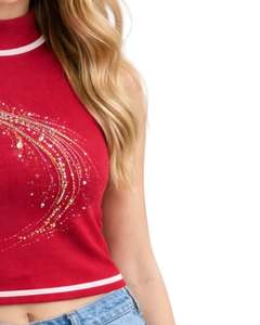 Camiseta sin mangas personalizada para mujer, roja, con cuello alto acanalado y diseño de ondas con pedrería, para verano, fabricante personalizado - Product Image 3