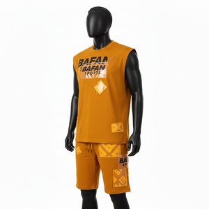 Conjunto deportivo de verano sin mangas para hombre, tela suave de algodón y poliéster, paneles con logo transferido por calor, conjunto de camiseta sin mangas y pantalones cortos para hombre - Product Image 4