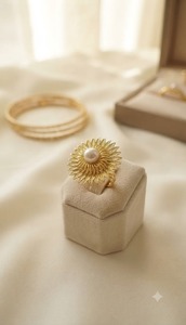 Trendy Anti-Tarnish Metal Textured Sun Rays Pearl Golden Plated Finger Ring Adjustable French Style Vintage Floral Engagement - Product Image 5