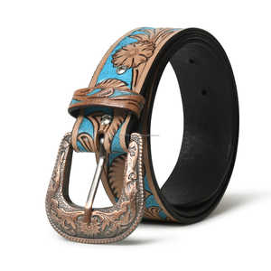 Hand-<b>Tooled</b> Western Belt Artisan Blue Brown Carved Leather Solid <b>Engraved</b> Buckle Custom Branding Available - Product Image 1