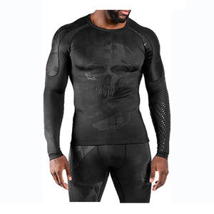 <b>Men's</b> Full Sleeve Black Rash Guard <b>Skull</b> Print Eco-Friendly Anti-Bacterial Quick Dry Spandex Polyester Compression <b>Shirt</b> Right - Product Image 1
