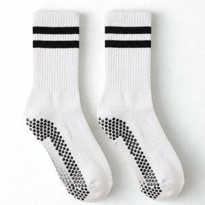 Custom Logo White Crew <b>Socks</b> With <b>Black</b> Stripes And Non-Slip Grip For Yoga Adults - Product Image 1