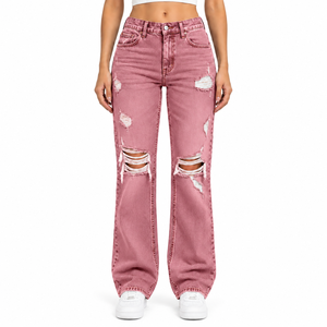 High Quality <b>Women</b> Ripped Wide Leg <b>Jeans</b> High Waist Distressed Denim Trousers <b>Baggy</b> Damaged Pants Custom <b>Women's</b> Denim <b>Jeans</b> - Product Image 1