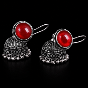 Wholesale Oxidized Silver <b>Red</b> Stone Jhumka <b>Earrings</b> Handmade Ethnic Boho Pearl Drop <b>Earrings</b> for Women Party Jewelry - Product Image 3