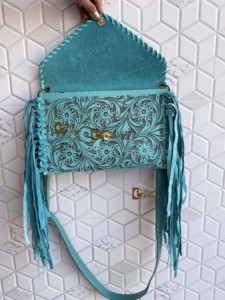 Nuevo diseñador de mano Tooled Fringe bolso de cuero real tallado a mano herramientas Color turquesa Sling Bag Western bolsos elegantes - Product Image 5