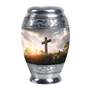 Urne funéraire artisanale en argent gravé avec un crucifix sacré pour les cendres humaines - Urne commémorative chrétienne texturée blanche - Product Image 6