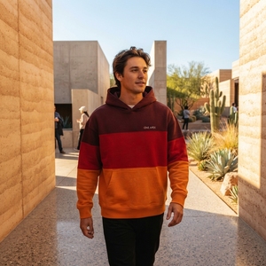 Men's Burgundy Red <b>Orange</b> Color Block Hooded <b>Fleece</b> Sweatshirt Oversized Casual Streetwear Pullover Autumn Style - Product Image 4