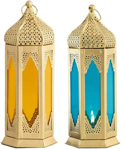 Brass Moroccan Lanterns with Colored <b>Glass</b> Panels <b>Heat</b> <b>Resistant</b> Home Decoration Lantern for Indoor Outdoor Patio Garden Wedding - Product Image 5