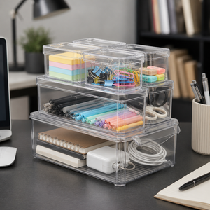 Boîtes de rangement transparentes pour bureau, pour papeterie, notes, câbles, gadgets et gestion de l'espace de travail - Product Image 1