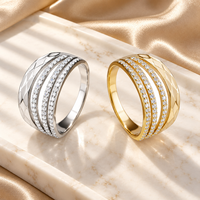 Geometric 925 Sterling Silver Zircon Band Ring with Three Clear Round Stone Rows and a Faceted Metal Side