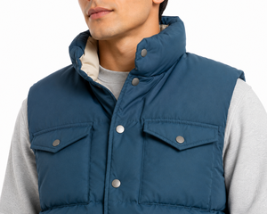 Men’s Padded Hooded Winter Vest Jacket Blue <b>Quilted</b> Sleeveless Puffer Gilet with Multiple Utility Pockets, Snap Button Front - Product Image 4
