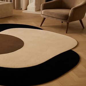 Tapis en laine tufté à la main noir et beige de luxe, tapis moderne abstrait irrégulier pour salon, tapis d'appoint de style mid-century, décoration - Product Image 6