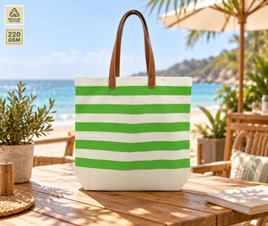 Sac fourre-tout de plage en toile de coton 220 GSM à rayures vertes 40x36.5x10 cm avec poignée, réutilisable, pour le voyage, le shopping, logo personnalisé, vente en gros, OEM, ODM, B2B - Product Image 5