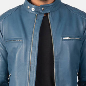 Chaqueta de Motociclista de Cuero Genuino Azul para Hombre, Cuello Alto, Cierre de Cremallera, Corte Ajustado, para Otoño - Product Image 5