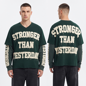<b>Men's</b> Oversized V-Neck T-<b>Shirt</b> With Embroidered American Street Style Double Layer Long Sleeve Tee <b>Men</b> Embroidery T <b>Shirts</b> <b>Mens</b> - Product Image 6