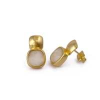 Boucles d'oreilles clous géométriques pour femme en acier inoxydable plaqué or, anti-ternissement, élégantes, avec pierre œil-de-chat bleue facettée en forme de coussin