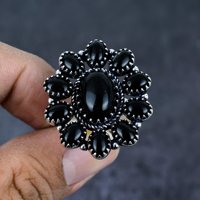 Cincin Koktail Perak 925 Berbentuk Bunga dengan Batu Onyx Hitam Buatan Laboratorium, Gaya Vintage, Berlapis Pave, untuk Perhiasan Pesta Wanita