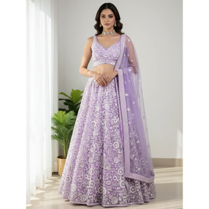 Glowing Lavender <b>Sequins</b> Embroidered Net Party Wear Lehenga Choli for Women - Product Image 1