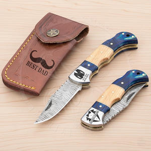 Couteau pliant en acier de Damas avec manche en bois de Pakka, couteau de poche personnalisable, pour la chasse en plein air et la collection - Product Image 5