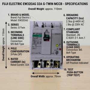 Disjoncteurs Fuji 3P EW32EAG ELCB 5~30A 50/60Hz Courbe C Disjoncteurs de protection contre les fuites à la terre G-TWIN - Product Image 2