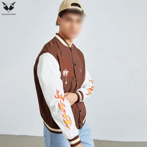 Streetwear Brown & <b>White</b> Contrast Trendy With Embroidery & Patch Snap Closure Multiple Pockets College Baseball <b>Jackets</b> - Product Image 6