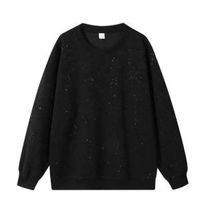 Womens Black Rhinestone Sweatshirt Sparkling Crystal Embellished Crew Neck <b>Long</b> <b>Sleeve</b> Casual Fashion Pullover <b>Top</b> - Product Image 2