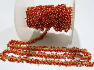 Chaîne de perles en corail rouge lisse de 2 mm, agglomérées, avec fil de quartz hydro, enveloppées de fils - Product Image 3