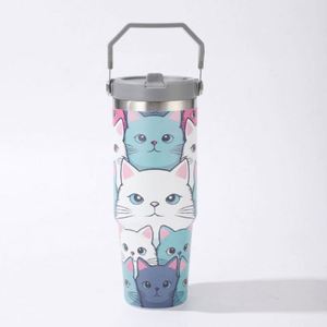 Mug de voiture isotherme en acier inoxydable 304 de 30 oz, imprimé en 3D avec motif chat, avec poignée et paille - Product Image 1