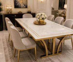 LIVE EDGE STUDIO Model 095 European Style Luxury Rectangle Marble <b>Dining</b> <b>Table</b> Gold Trim Handmade Modern Design 6 Home Furniture - Product Image 5