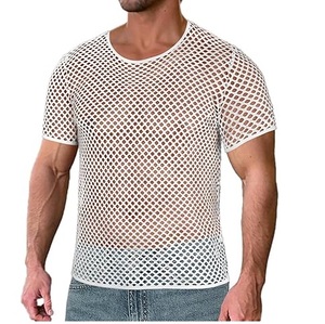 T-shirt transparent en strass à col rond, léger, séchage rapide, en maille transparente, sexy, coupe ajustée pour le fitness - Product Image 1