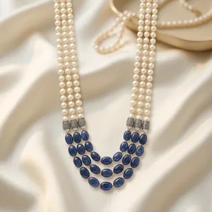 Collier de luxe à trois rangs de perles et pierres précieuses bleues, plaqué or, fait main, bijou de mariage pour femme - Product Image 3