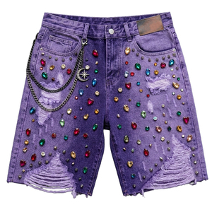 Custom Acid Wash Distressed Shorts High Quality Rhinestone 100% Denim Shorts Vintage Summer Streetwear Unisex - Product Image 1