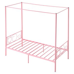 Letto a baldacchino in metallo a una piazza e mezza con testiera minimalista a quattro montanti, supporto a doghe in acciaio resistente per letti per bambini - Product Image 1