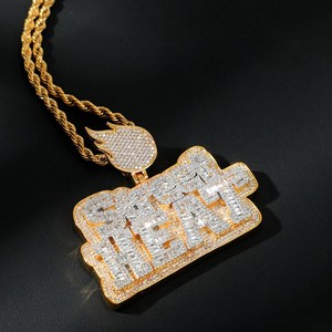 ICEQ JEWELLERY Iced Out Gold Plated Moissanite Pendant with Baguette Cut Letters and Flame Charm Hiphop Style Unisex Jewelry - Product Image 3