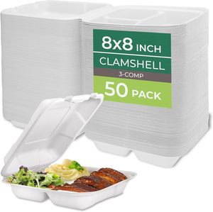 Canejoy 8x8 Inch 3 Compartment Sugarcane Bagasse Clamshell Disposable Food <b>Container</b> Lid Eco-Friendly Biodegradable Microwavable - Product Image 2