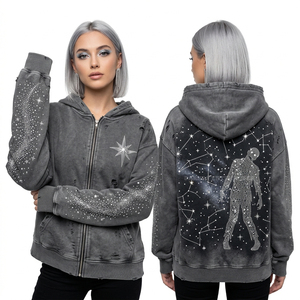 Sudadera con Capucha Morada Oscura Estilo Techwear para Mujer, con Estampado de Pantalla de Monitor Rota, Diseño de Zombie y Código Matricial, con Mangas con Gráficos y Efecto Desgastado - Product Image 2