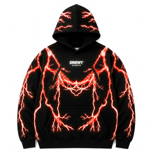 Sudadera con Capucha Negra para Hombre SINEWY SPORTS, Estampado de Rayo Amarillo Reflectante, Estilo Urbano Holgado con Bolsillo Frontal - Product Image 3