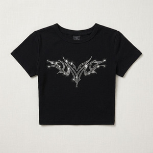T-shirt court noir glamour pour femme, coupe ajustée, manches courtes, col rond, style Y2K, avec motif graphique personnalisé en strass et cristaux - Product Image 5