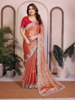 Sari en soie de mousseline Fendy pour occasions spéciales, broderie en relief, bordure à passepoil, séchage rapide, toutes saisons, coupe classique, design de créateur, mariage