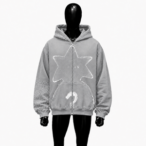 Grey Star Graphic Zip Up Hoodie <b>Oversized</b> Streetwear Unisex <b>Vintage</b> Distressed Print Full Zipper Casual Hooded <b>Sweatshirt</b> Wear - Product Image 1