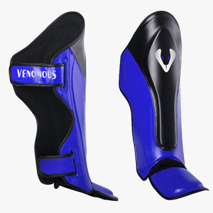 Protège-tibias MMA en cuir bleu-noir, fermeture auto-agrippante, protection professionnelle réglable pour adultes, protège-jambes sportifs - Product Image 1