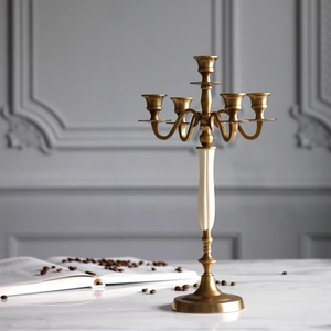 Ornate antique brass five arm tabletop <b>candelabra</b> featuring spectacular tulip bobeche cups, available at wholesale prices. - Product Image 2