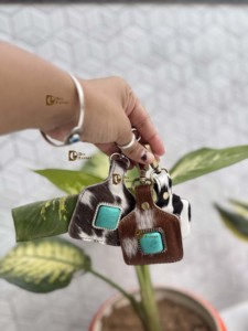 Custom Designer Hair on Hide Cowhide Leather Key <b>rings</b> Real Leather Turquoise Stone Western Stylish Key Chain Hot Sale Mini - Product Image 4
