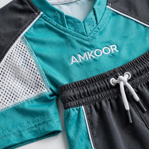 Ensemble de maillots de volley-ball unisexe AMKOOR vert sarcelle et noir en polyester respirant pour adulte, impression par sublimation, détection par aiguille - Product Image 6