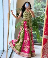 Lehenga Choli traditionnel indien en soie satinée, broderie florale, longueur au sol, rose et vert, tenue de mariage, tenue ethnique pour femmes, 87239