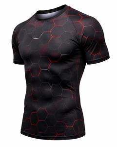 T-shirt de sport respirant à manches courtes pour homme, imprimé hexagone noir et rouge, séchage rapide, en polyester, pour fitness adulte - Product Image 4