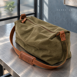 Durable Rectangular Oil <b>Waxed</b> <b>Canvas</b> Travel Duffel <b>Bag</b> Zipper | Long Shoulder Strap Olive Green Weekender Luggage for Outdoor - Product Image 2