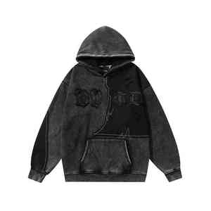 Sudadera con Capucha Personalizada de Felpa Francesa 100% Algodón, Estilo Patchwork, Hombros Caídos, Lavado Ácido, Bordado Desgastado - Product Image 3